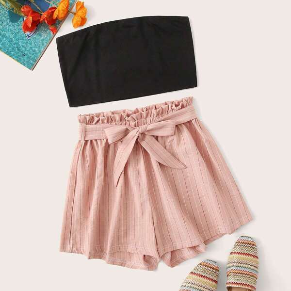 

Solid Tube Top With Striped Belted Shorts