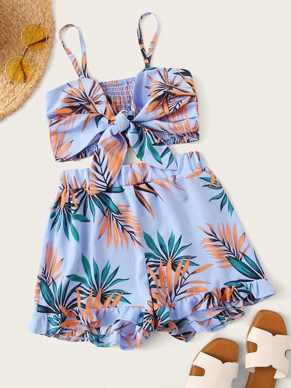 

Plants Print Knot Front Cami Top With Ruffle Hem Shorts, Multicolor