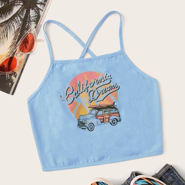 

Letter And Car Print Tie Back Cami Top, Blue