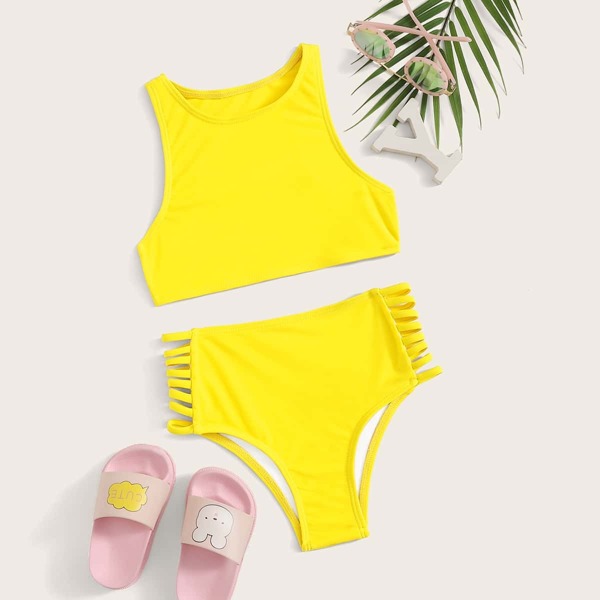 

Girls Neon Yellow Ladder Cut Out Bikini Set