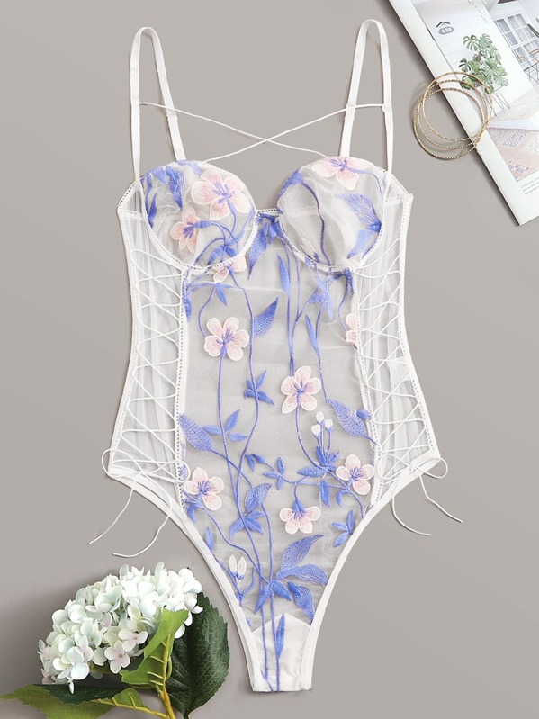 

Plus Floral Embroidery Lace Up Mesh Teddy Bodysuit, Multicolor