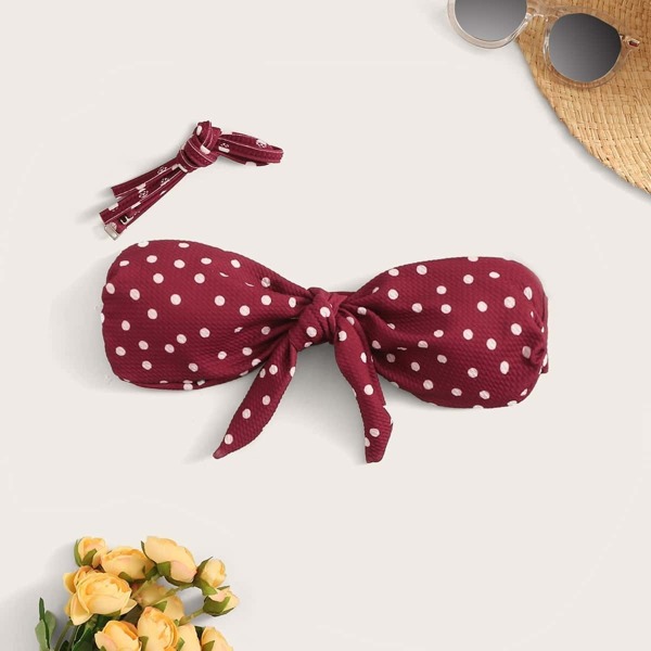

Dot Print Knot Front Bandeau Bikini Top