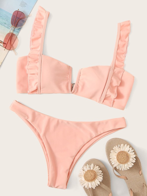 

Cut Out Ruffle Trim Top With Cheeky Bikini Set, Pink
