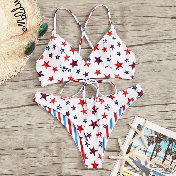 

Star & Striped Print Lace Up Bikini Set, Multicolor