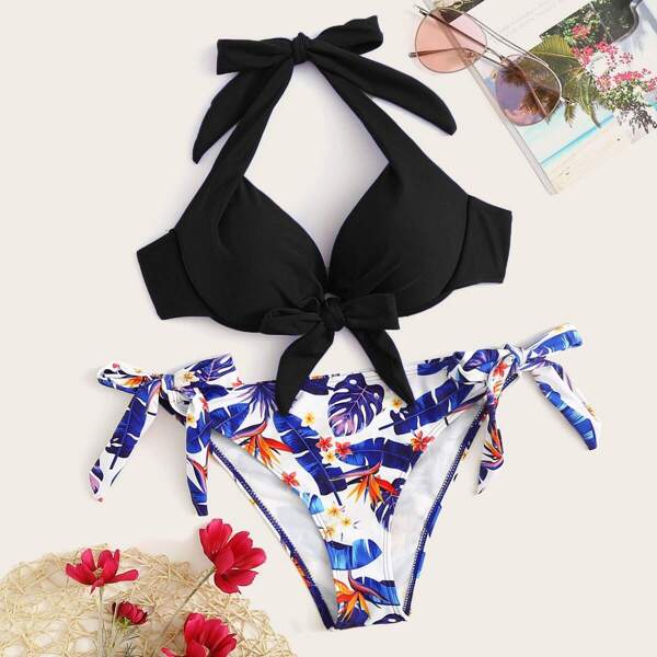 

Halter Top With Tropical Tie Side Bikini Set