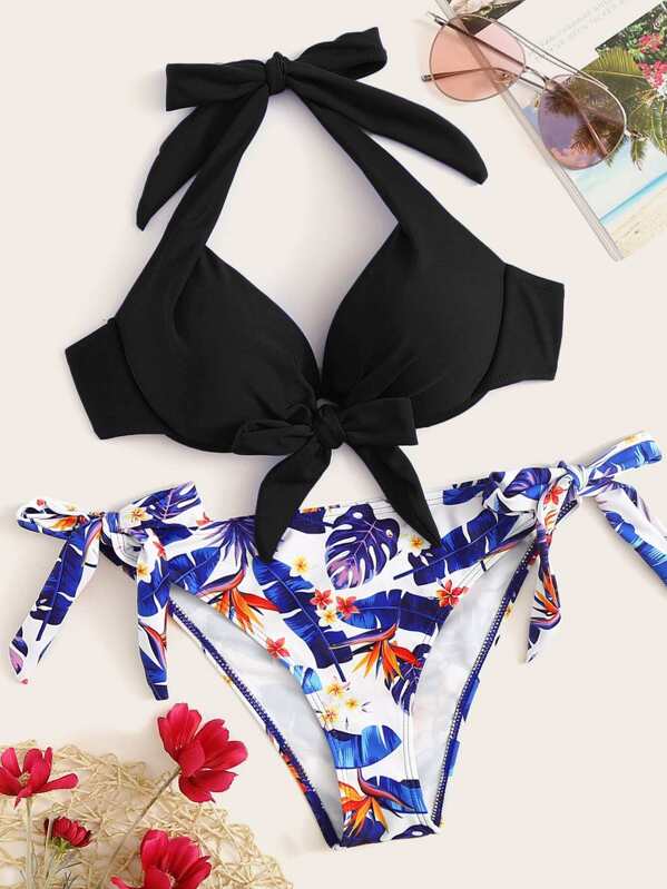 

Halter Top With Tropical Tie Side Bikini Set, Multicolor