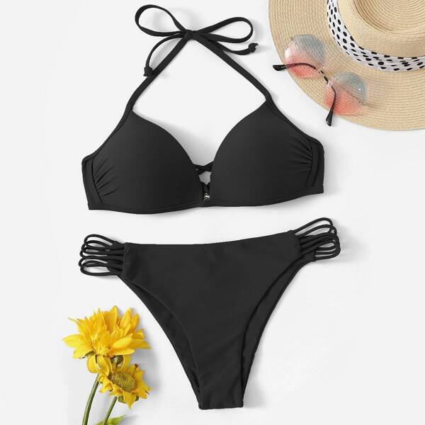 

Halter Top With Cut Out Bikini Set, Black