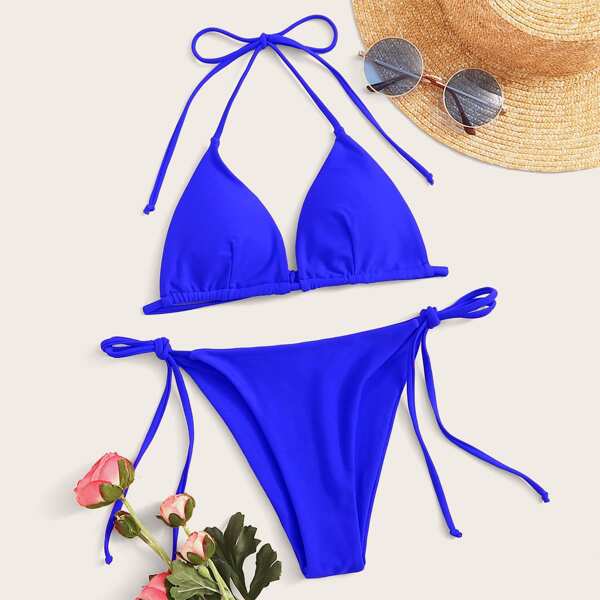 

Neon Blue Halter Tie Side Bikini Swimsuit, Blue bright