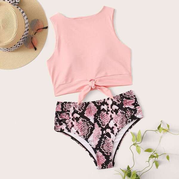 

Knot Hem Top With Snakeskin Bikini Set
