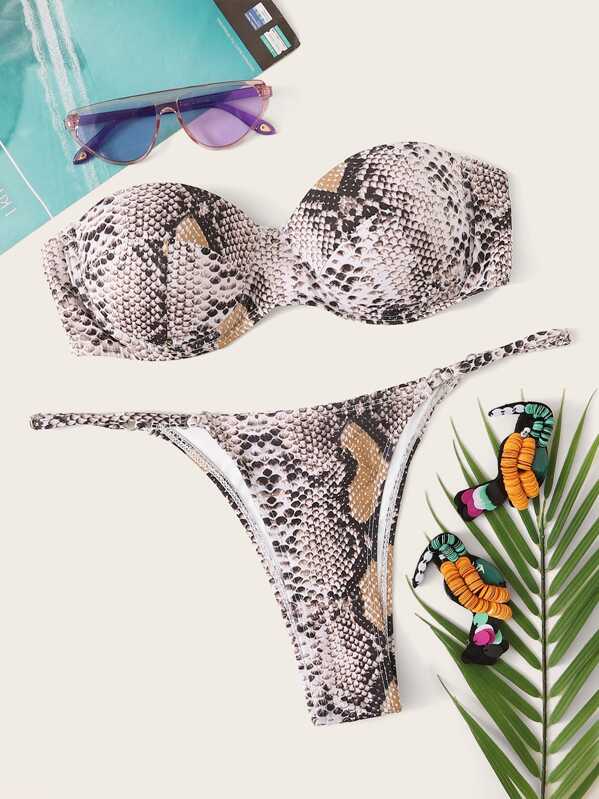 

Snakeskin Underwire Bandeau With Tanga Bikini Set, Multicolor