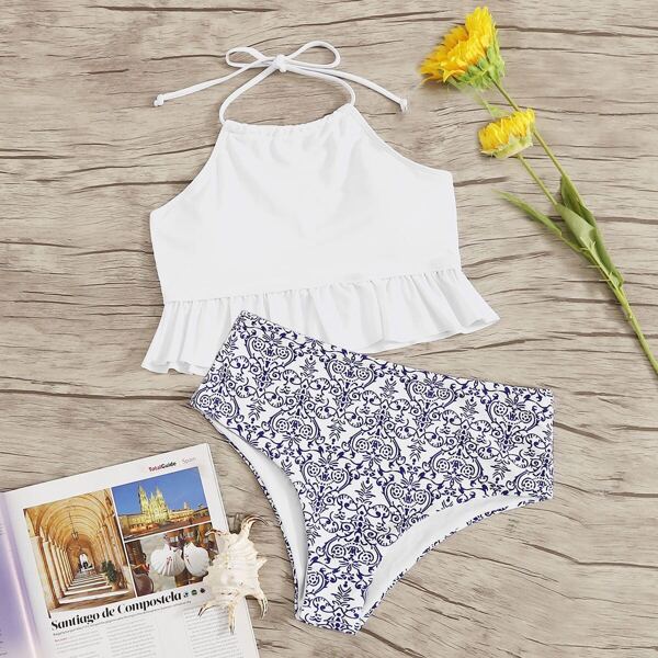 

Ruffle Trim Halter Top With Porcelain Print Bikini