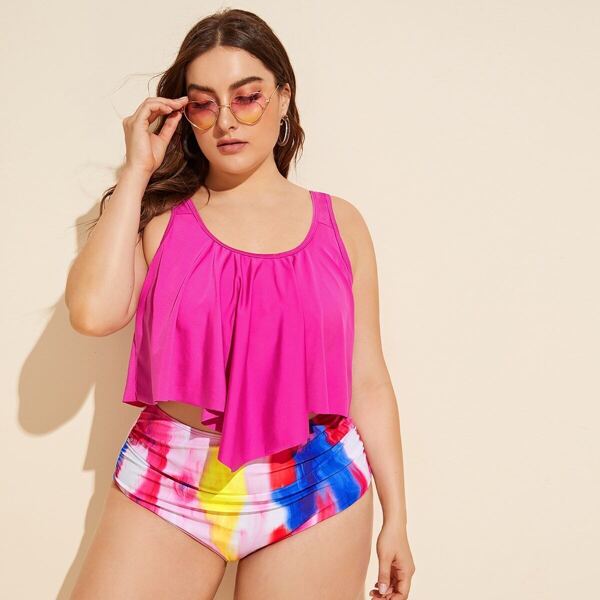

Plus Hanky Hem Top With Tie Dye Bikini Set, Multicolor bright