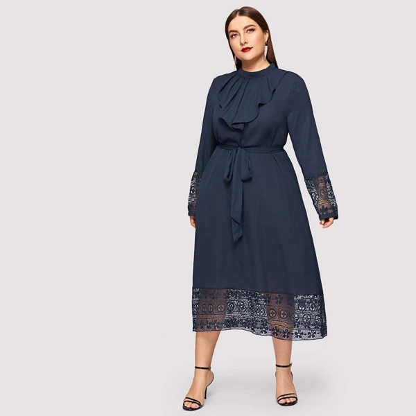 

Plus Contrast Lace Belted Ruffle Trim Dress, Navy