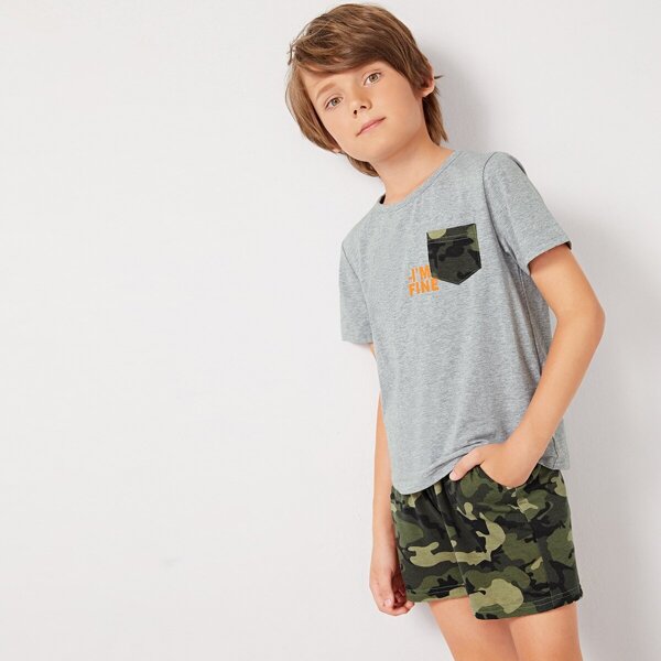 

Boys Heather Grey Tee and Camo Shorts PJ Set