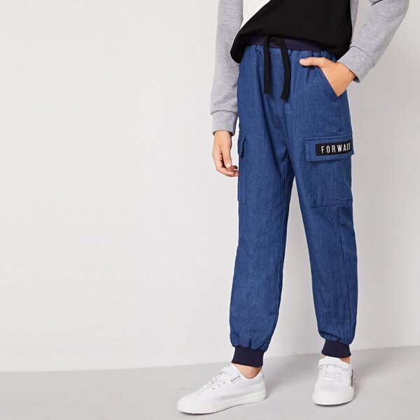 Boys Tie Waist Pocket Detail Letter Tape Jeans, Blue