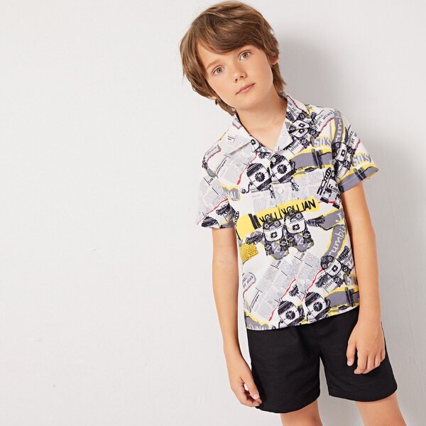

Boys Notched Collar Print Shirt, Multicolor