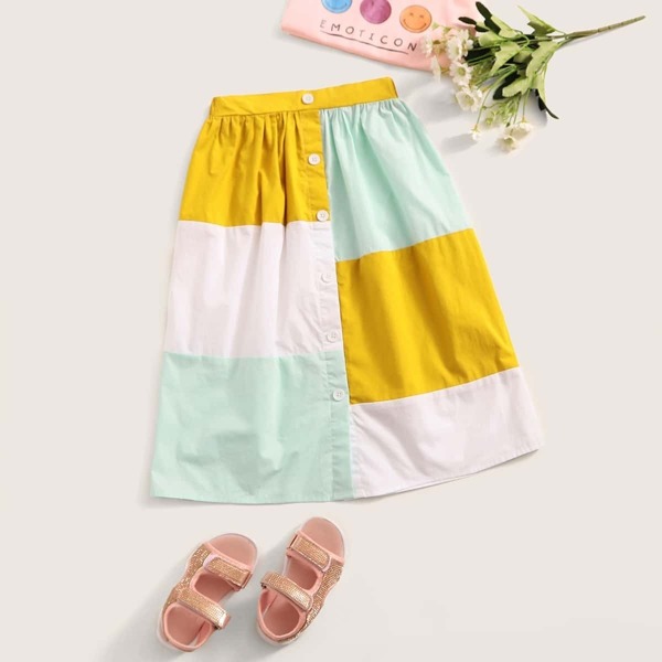 

Girls Button Front Cut-and-Sew Skirt, Multicolor