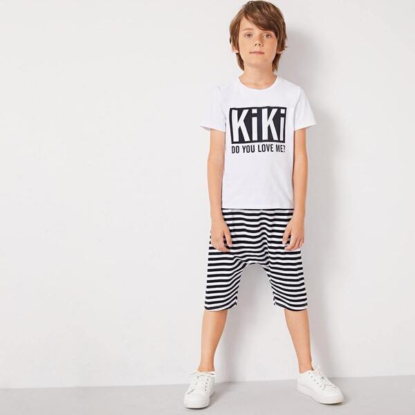 

Boys Slogan Print Top and Striped Shorts Set, Black and white