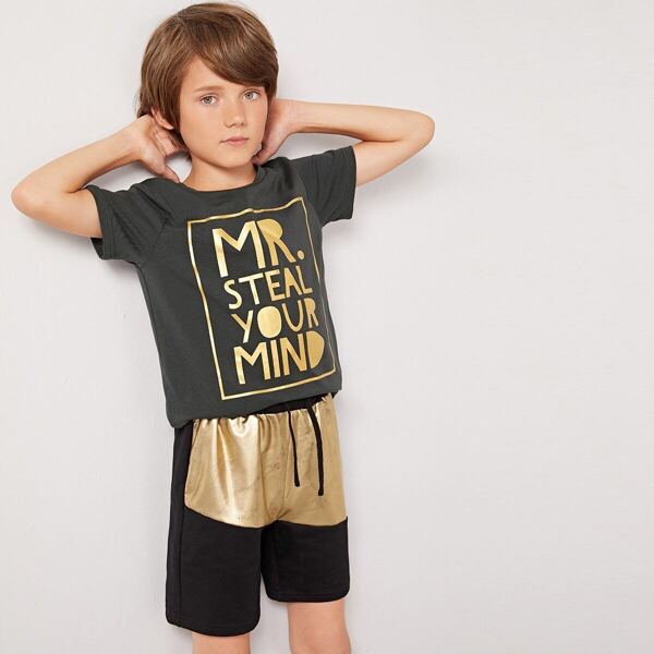 

Boys Metallic Slogan Print Top and Track Shorts Set, Multicolor