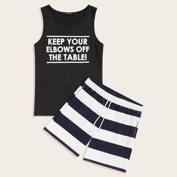 

Men Slogan Print Tank Top & Striped Sweat Shorts Set, Multicolor