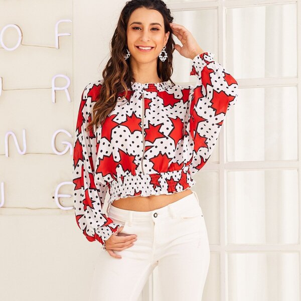 

SBetro Polka-dot Shirred Lace Insert Top