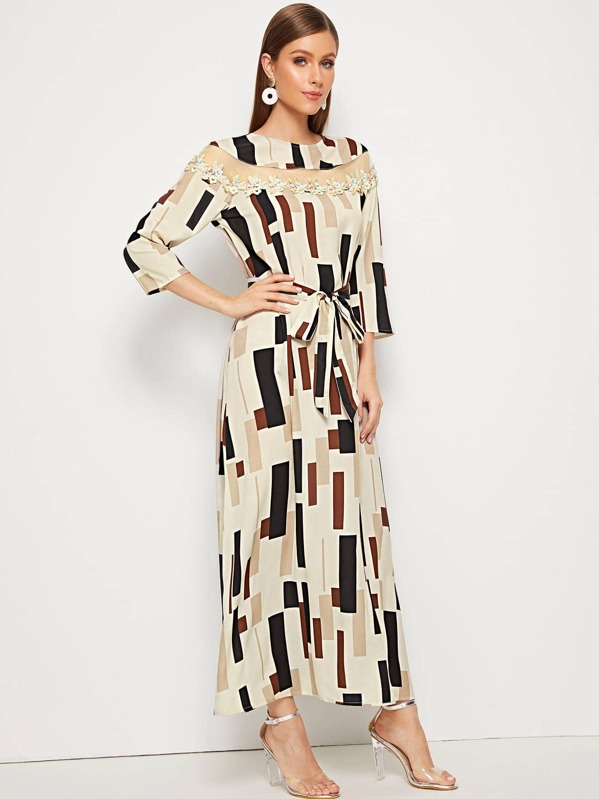 

Mesh Insert Applique Detail Geo Print Belted Dress, Multicolor, Gabi D