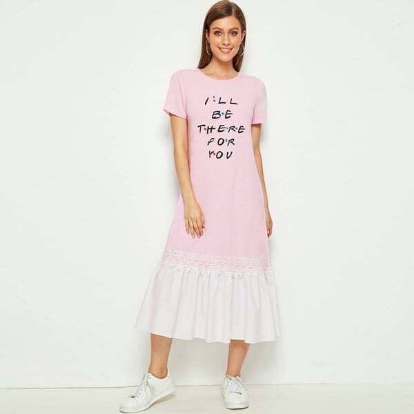 

Slogan Print Lace Trim Dress