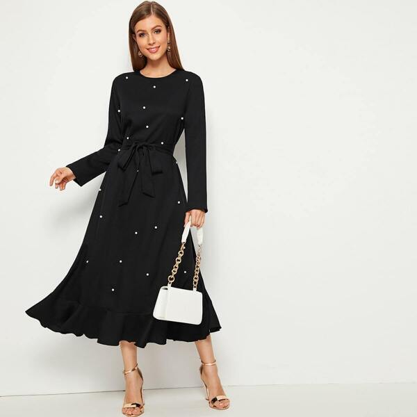 

Pearls Beaded Flounce Hem Dress, Black