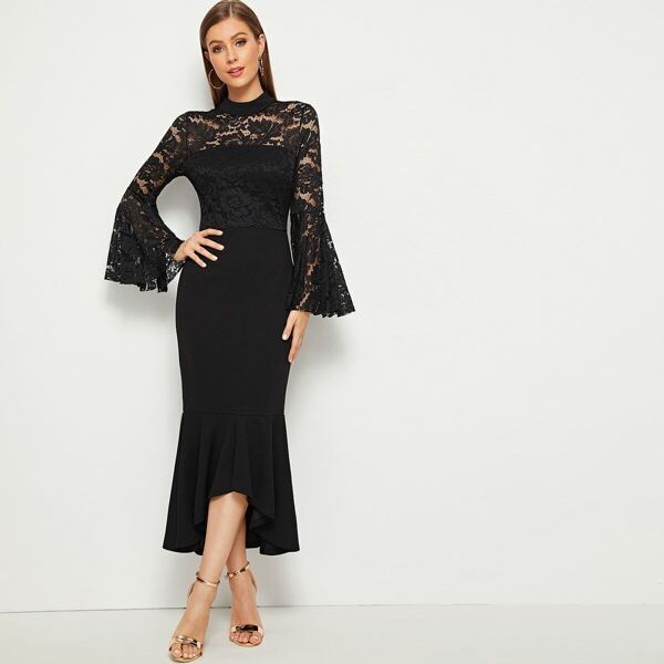 

Solid Lace Insert Asymmetrical Ruffle Hem Hijab Dress, Black