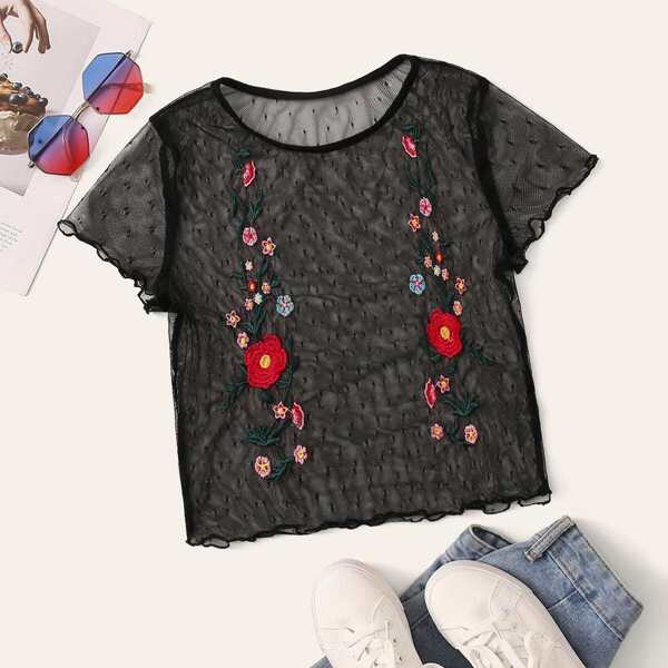 

Embroidered Floral Lettuce Edge Mesh Crop Top Without Bra