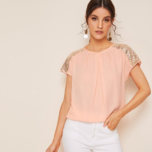 

Contrast Sequin Ruched Front Top, Pink pastel