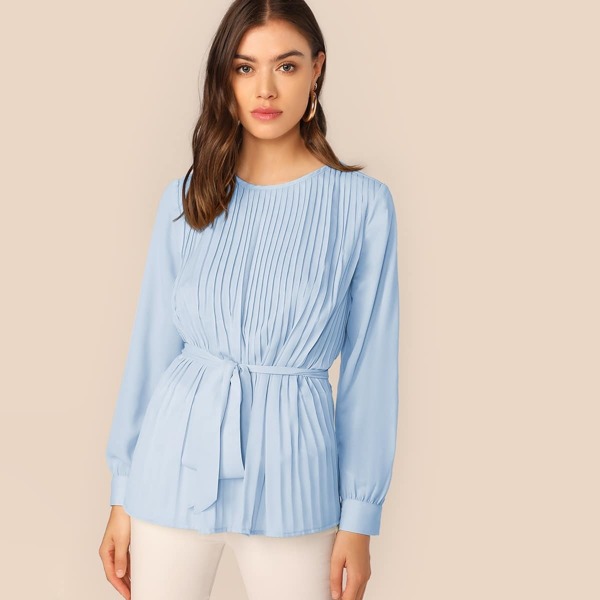 

Solid Self Belted Pleated Top, Blue pastel