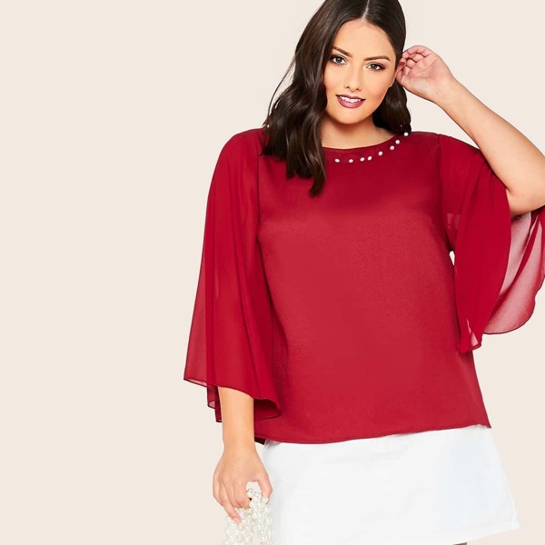 

Plus Solid Pearl Detail Flounce Sleeve Top