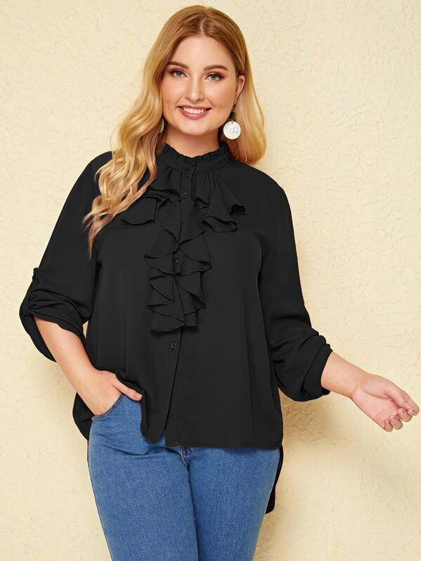 

Plus Solid Jabot Collar Dip Hem Top, Black, Nora