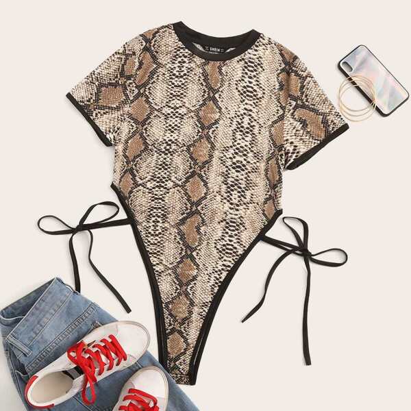 

Snakeskin Print High Cut Skinny Ringer Bodysuit