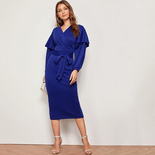 

Flounce Detail Lantern Sleeve Belted Pencil Dress, Blue