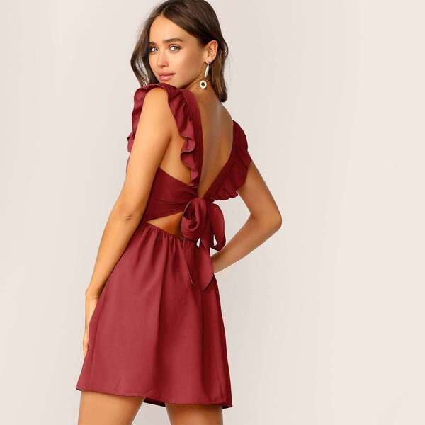 

Solid Ruffle Trim Tie Back Fit & Flare Dress, Burgundy
