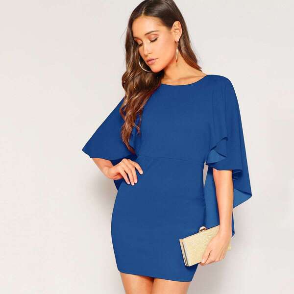 Open Back Cloak Sleeve Bodycon Dress, Blue