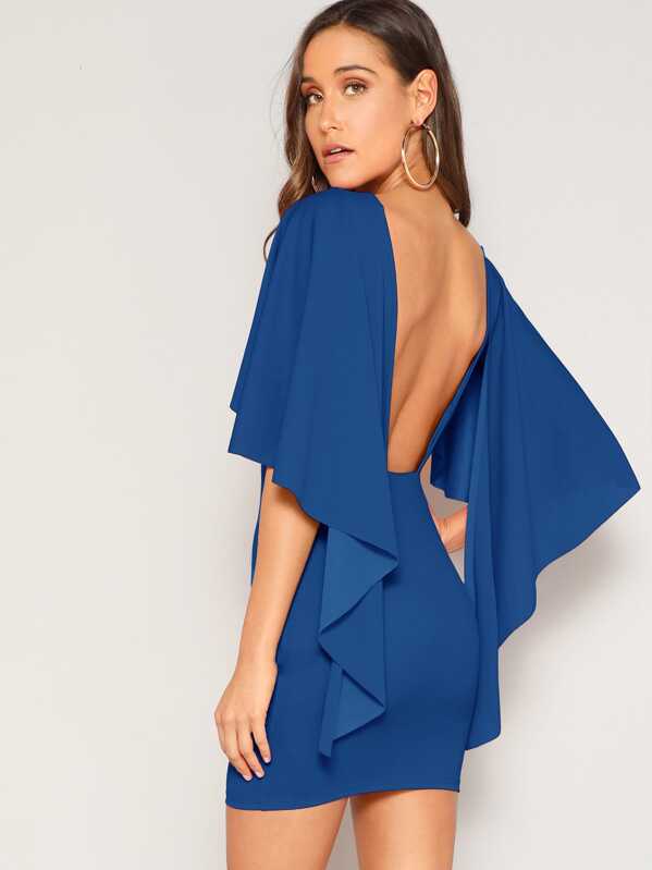 

Open Back Cloak Sleeve Bodycon Dress, Blue, Anna Herrin