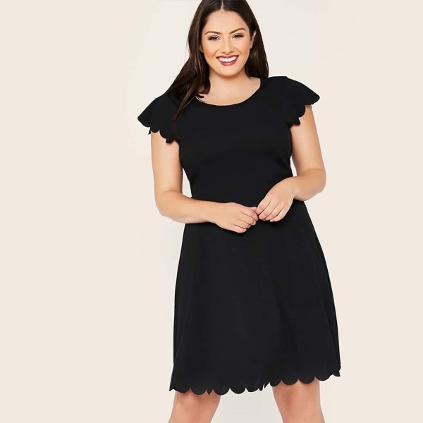 

Plus Scallop Trim Fit And Flare Dress Without Belt, Black