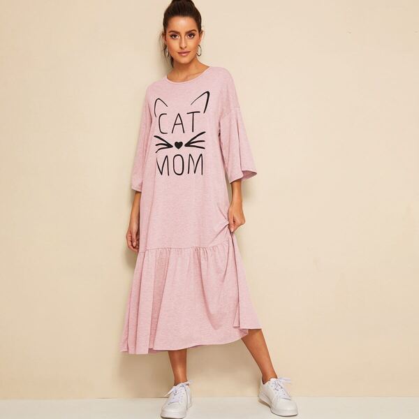 

Drop Shoulder Cartoon Print Flippy Hem Dress
