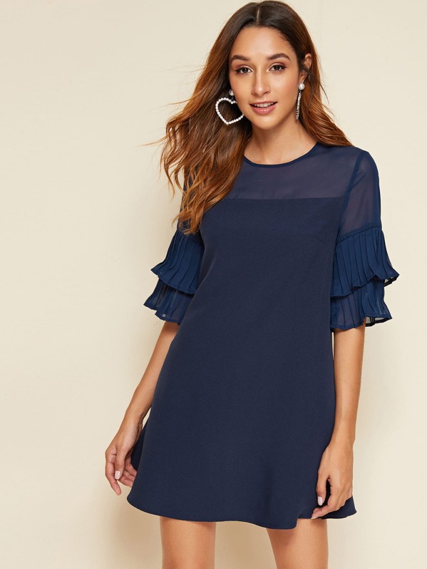

Pleated Cuff Chiffon Yoke Dress, Navy, Gabi B