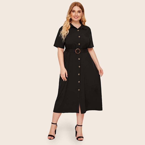 

Plus Collared Single Breasted O-ring Belted Shirt Dress, Black