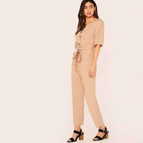

Buttoned Front Belted Pocket Patched Jumpsuit, Beige