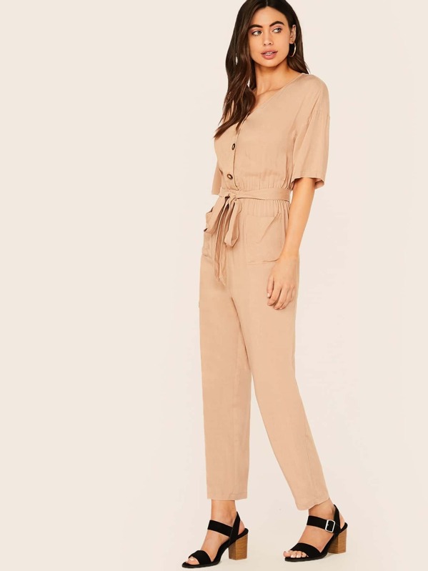 

Buttoned Front Belted Pocket Patched Jumpsuit, Beige, Kelli S.