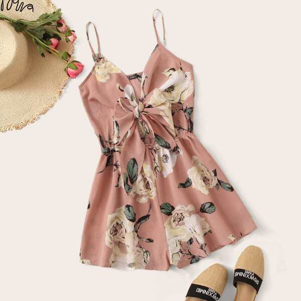 

Knot Front Floral Print Peekaboo Romper
