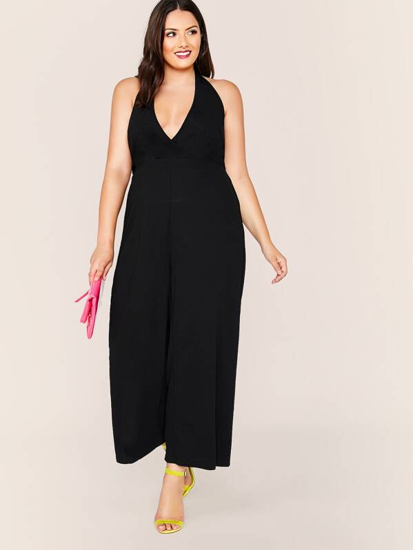 

Plus Plunging Neck Wide Leg Halter Jumpsuit, Black, Marcelle Pallais