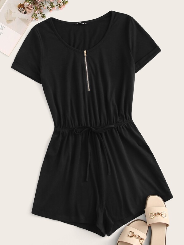 

Zipper Front Tie Waist Romper, Black