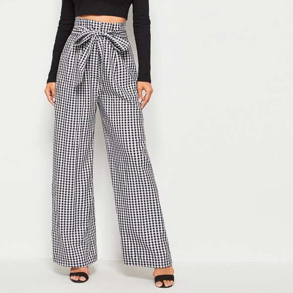 

High Waist Gingham Belted Pants, Black and white
