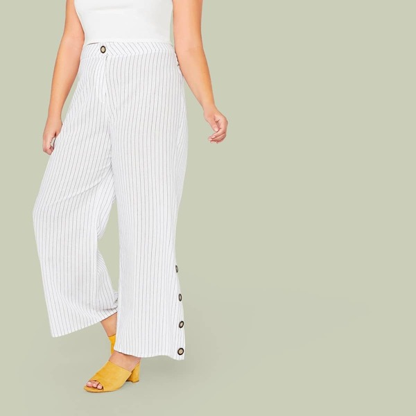 

Plus Button Detail Striped Wide Leg Pants, White